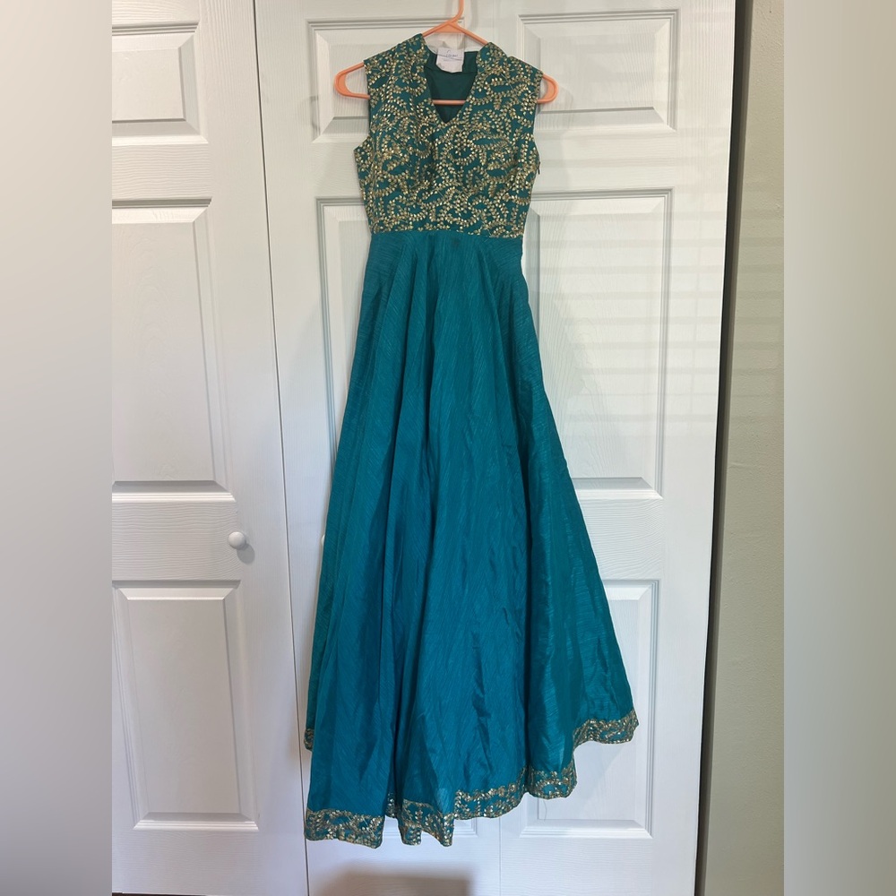 Elegant teal and gold Indian A-line Dress - lehenga